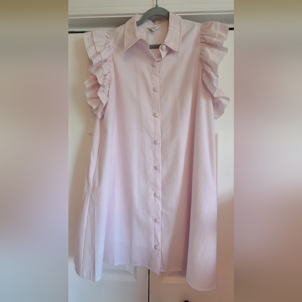Crown & Ivy Pink Ruffle Sleeve Button-Down Dress